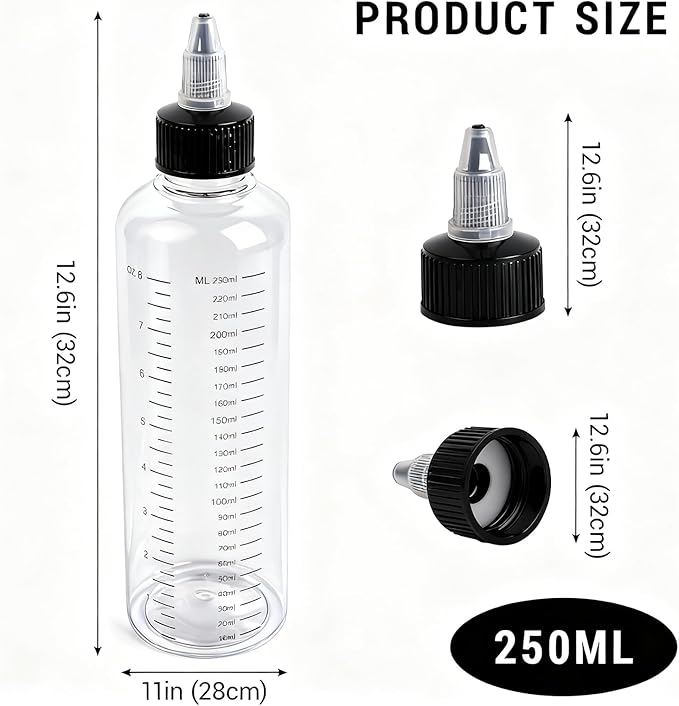 3 Pack Hair Oil Bottle, 8.5oz Plastic Squeeze Oil Applicator Bottle for Hair Scalp Root Dye Twist-On Top Tip Cap with Clear Graduated Scale