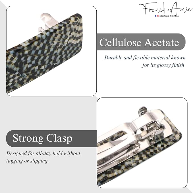 French Amie Oblong Handmade 3.5" Celluloid Automatic Hair Clip Barrette French Hair Clip for Women Strong Hold Set of 2 No Slip Durable Paris Hair Accessories, Made in France (Ivory Black and Opera)
