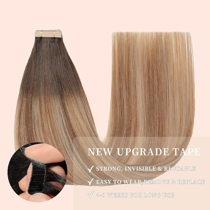 Human Hair Tape in Extensions, Chestnut Brown to Light Brown Mixed Light Blonde Hair Extensions Real Human Hair 20 Inch 20pcs Remy Straight Tape ins Invisible Tape in Hair (2/6/18K#,20 Inch)