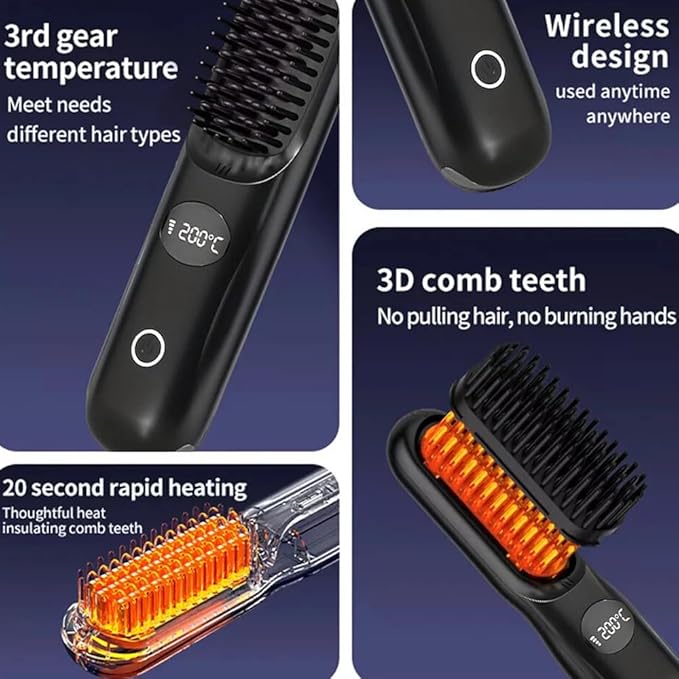 Cordless Hair Straightener Brush: Portable Rechargeable Heated Straightening Comb with LED Display & 3 Temperature Settings - Travel Hair Brush for Smooth Frizz-Free Styling (Purple)