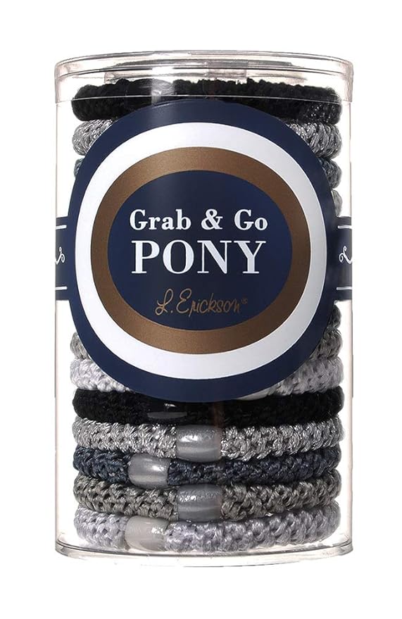 Black, Silver and White Hair Ties for Thick Hair, Grab & Go Pony Tube, 15 Pack, Light Silver Metallic Pack, Thick No-Crease Bands with Strong Hold, Damage-Free Design | L. Erickson