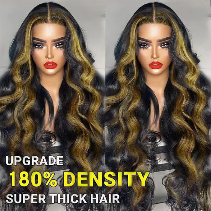 Highlight Ombre 13x6 HD Transparent Lace Front Wigs Human Hair Pre Plucked Body Wave Wigs for Women 200% Density 13x6 Frontal Wigs Human Hair Bleached Knots with 1b/27 Color Baby Hair 34inch