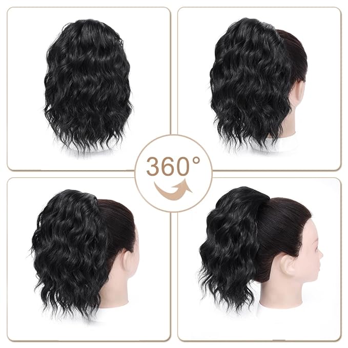 Ponytail Extension,12 Inch Drawstring Ponytail Hair Extensions for Women Synthetic Curly Wavy Fake Pony Tails Hair Pieces for Daily Party Use (1B)
