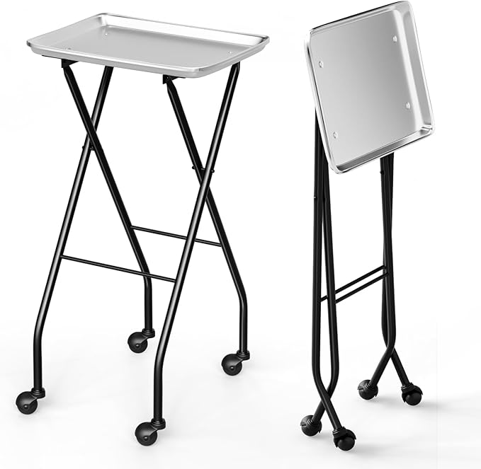 OmySalon Salon Tray on Wheels Folding Color Trays for Salon, Aluminium Tattoo Tray Rolling Trolley Cart Mobile Hair Cart for Cosmetology Stylist Hairdresser, Beauty Spa Service Storage Station