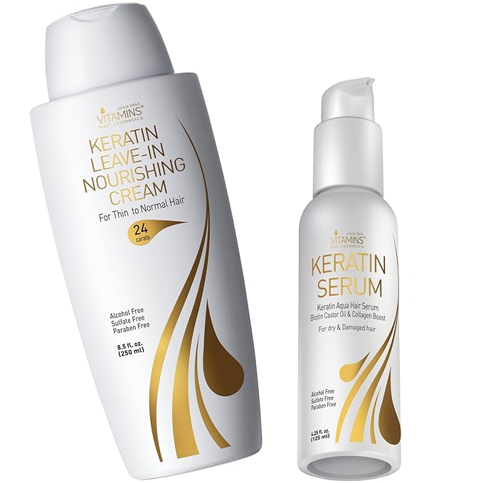 VITAMINS hair cosmetics Keratin Thin Hair Leave-In Conditioner & Hair Serum Kit - Hydrating No Rinse Nourishing Cream & Heat Protectant, Anti Frizz Gloss Boost - Pro Salon Care for Dry Damaged Hair