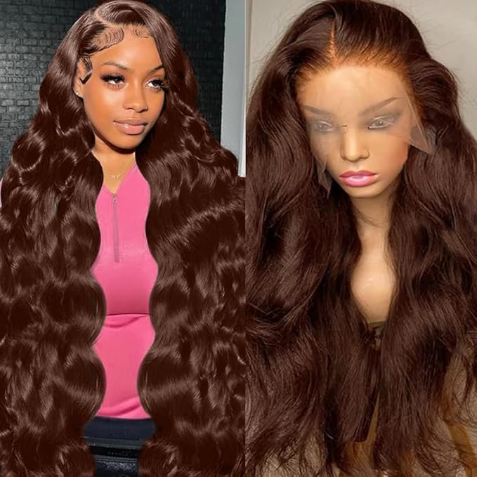 abbildung 34inch Chocolate Brown Lace Front Wig Human Hair 13x6 HD Transparent Body Wave Lace Front Wigs Human Hair Pre Plucked Glueless Frontal Brown Wig Human Hair 180% Density #