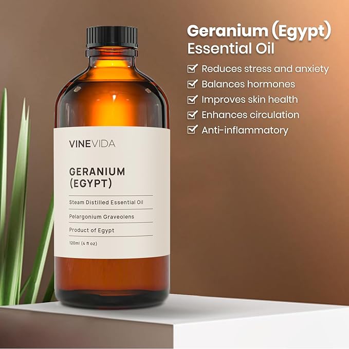 VINEVIDA Geranium Essential Oil 4 oz - Undiluted, DIY Candle Scents & Bulk for Soap Making