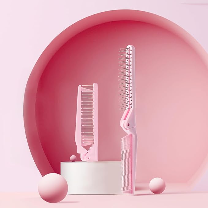 RHOS Portable Travel Mini Hair Brush - Compact Foldable Double-Headed Detangling Comb for Purse, Bags - Pocket-Size for Women and Girls (Pink)