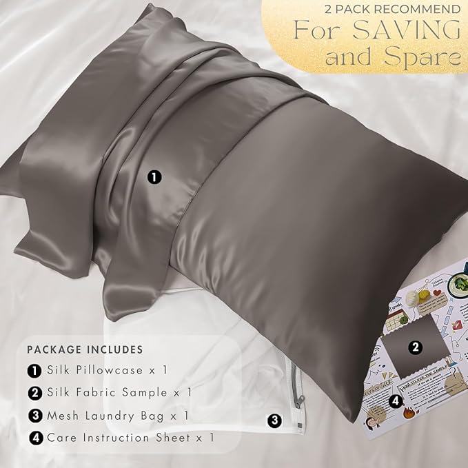 PROMEED Grey Silk Pillowcase King Size - Both Sides 23 Momme Grade 6A+Mulberry Silk Pillow Case Covers for Hair and Skin, Soft and Acne Free (King 20"x36", Grey)