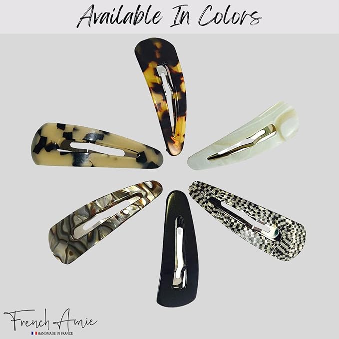 French Amie Clic Clac Large Handmade Celluloid Acetate Set of 2 Snap Hair Clips No Slip Side Slide-in Barrette for Women and Girls (Onyx Silver Grey)
