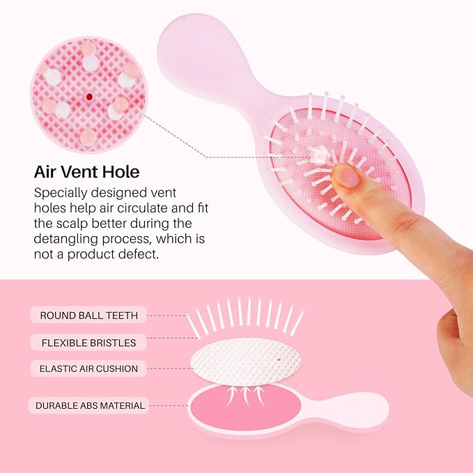 RHOS Mini Hair Brush for Women,Men and Kids-Travel Size Hair Brush for Purse,Pocket,backpack-Small Cushion Paddle Brush with Soft Bristles-Mini Detangler Brush for All Hair Types(1 Pack-Pink)