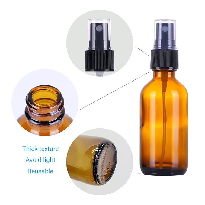 2oz Amber Glass Spray Bottles,Empty Small Perfume Travel Refillable Reusable Fine Mister Spray Bottle for Hair,Cleaning Solutions,Aromatherapy and Essential Oil with Extra Nozzle(2 Pack)