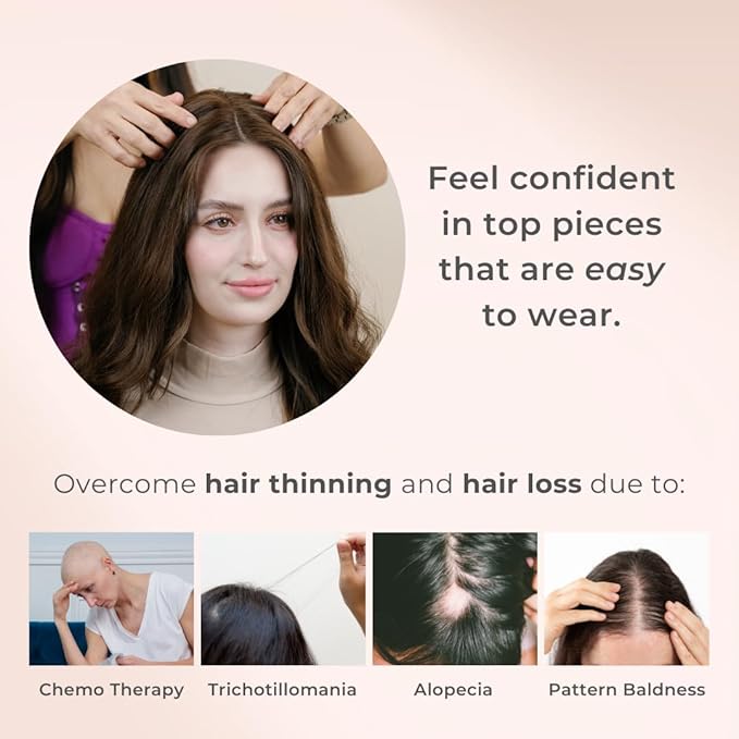 Katalaeya Hair 100% Human Hair Topper - Aurora Crown Double-Drawn Remy Clip-In Mono Base Top Piece for Women with Thinning Hair, Alopecia & Chemo Hair Loss (NC)