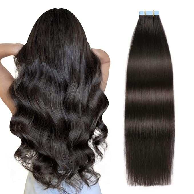 SUYYA Tape in Hair Extensions 100% Remy Human Hair 16 inches 20pcs 40g/pack Straight Seamless Skin Weft Tape Hair Extensions Natural Black(16 inches #1B Off Black)