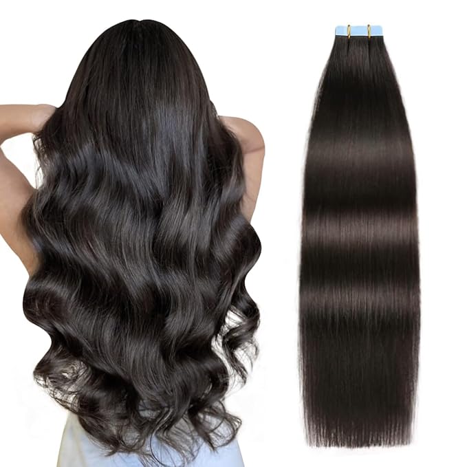 SUYYA Tape in Hair Extensions Human Hair 100% Remy Human Hair Natural Black 50g/pack 20pcs Straight Seamless Skin Weft Tape Hair Extensions(22 inches #1B Off Black)