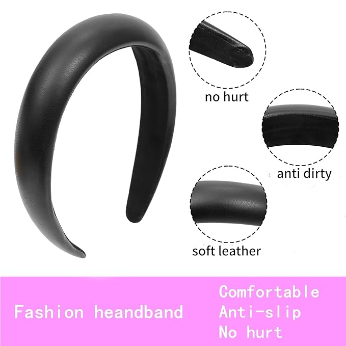 Wide Headbands for Women,2PCS Soft Leather Padded Headband Black Sliver,Fashion Dressy Head Band Comfortable Hairbands for Daily Prom Party Head Accessories