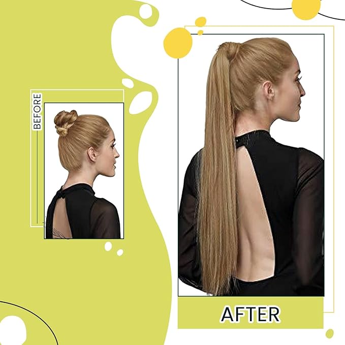 RUNATURE Human Hair Ponytail, Clip in Ponytail Extension Human Hair Wrap Around, Straight Long Ponytail Hair Extensions for Women, 20 Inch 80g #10P16 Caramel Blonde Highlight