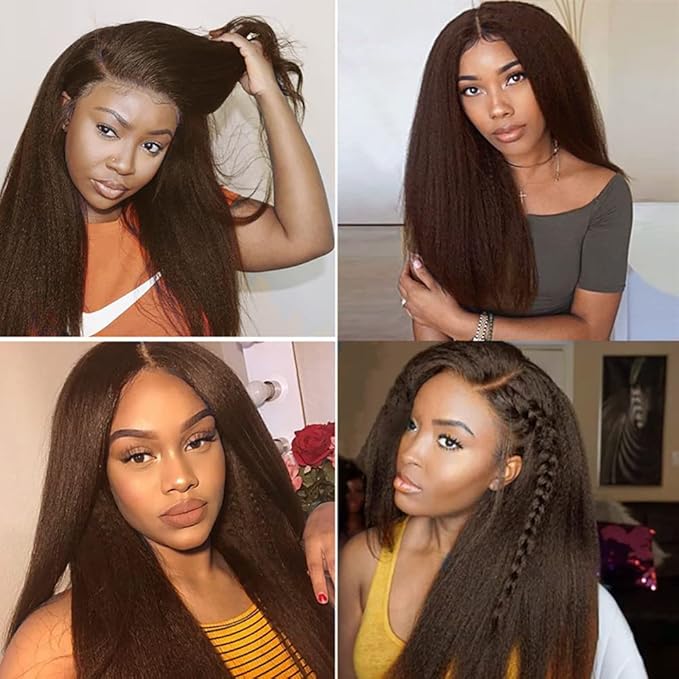 Brown Kinky Straight Bundles Human Hair Color 4 Bundle Niegmeag Virgin Soft and Sikly Remy Hair 3 Bundles 16 18 20 Inch Double Weft Color 4 Yaki Straight Bundle