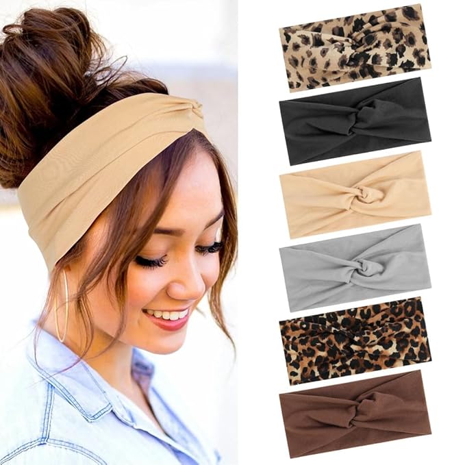 6 Pack Headbands for Women, Wide Stretchy Head Wraps, Soft Vintage Fashion Hair Bands for Women's Hair, Non-slip Head Bands Boho Knotted Head for Sports, Yoga, Skincare, Outdoor Occasions