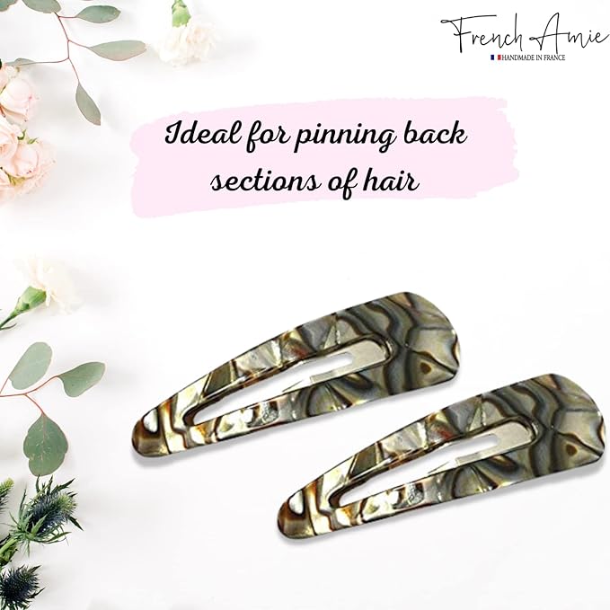 French Amie Clic Clac Large Handmade Celluloid Acetate Set of 2 Snap Hair Clips No Slip Side Slide-in Barrette for Women and Girls (Onyx Silver Grey)