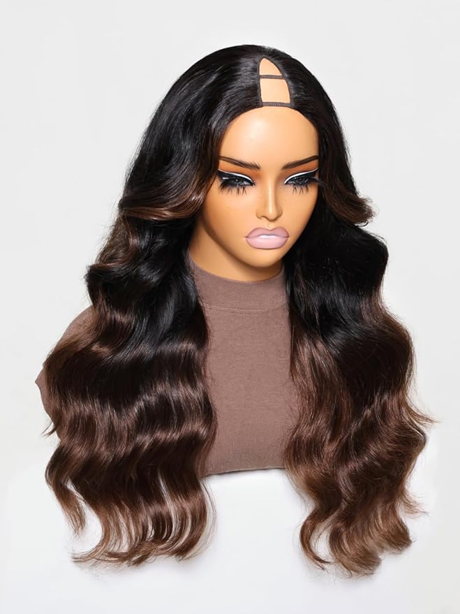 YIROO V Part Wig Human Hair Highlight Chestnut Brown Ombre Body Wave Human Hair Wig No Leave Out 12A Glueless Upgrade U Part Wigs Clip in Half Wig No Glue No Sew Beginner Friendly 150% Density 18inch