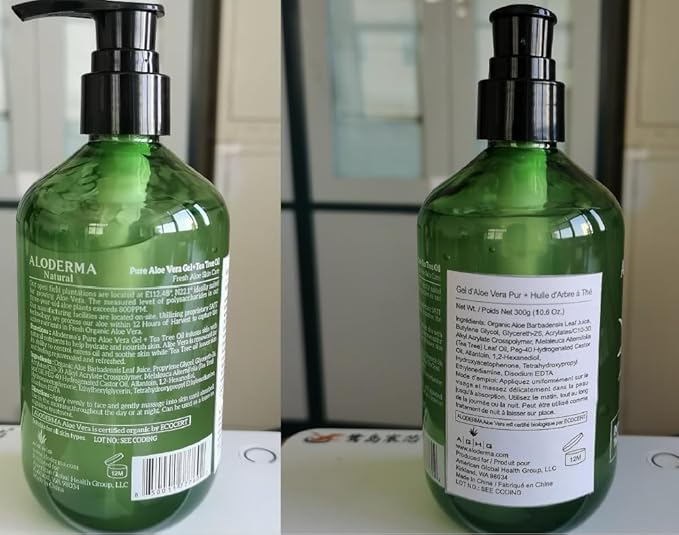 Aloderma Aloe Vera Gel + Tea Tree Oil, Made with Refreshing Organic Aloe for After Sun Skin Care, Multipurpose Use for Hair and Scalp, and Face or as a Shaving Gel or Aftershave - 10.6Oz x 6btls