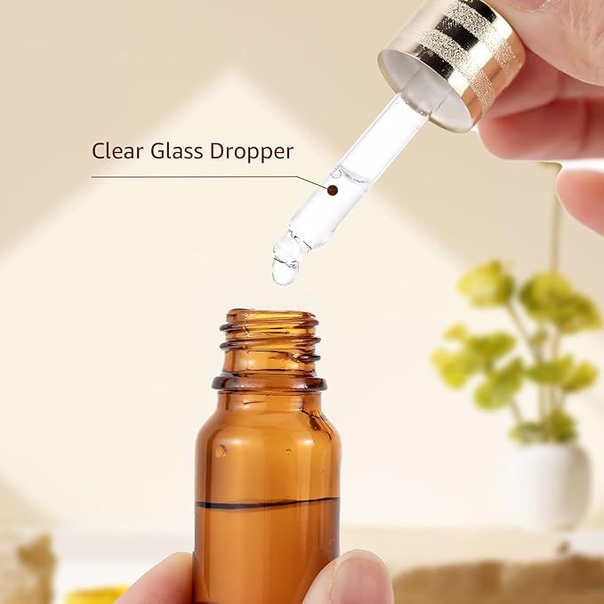 30 Pack 10ml Amber Glass Dropper Bottles with Droppers, Funnels & Labels for Essential Oils, 1/3oz Eye Dropper Bottles with Golden Caps, Brown Empty Glass Tincture Vials for Travel