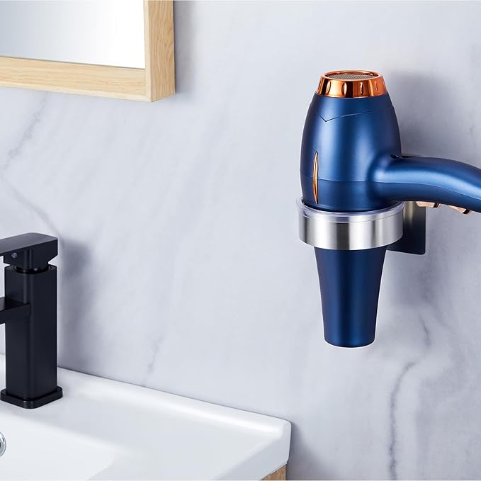 Blow Dryer Holder Wall Mounted, Hair Dryer Holder Stand Adhesive, Bathroom Hair Tool Organizer, Hairdryer Holder Compatible with Most Dryers (Silver)