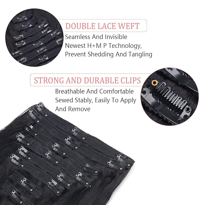 28Inch Clip in Hair Extensions Real Human Hair Straight 8Pcs Remy Hair Extensions Clip in Human Hair with 18Clips Double Lace Weft 120g Natural Black