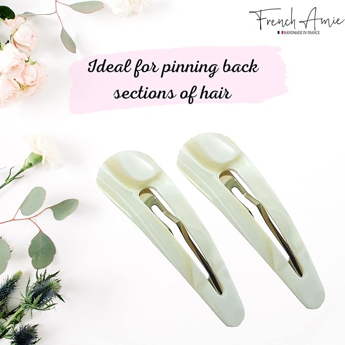 French Amie Clic Clac Ivory Large 2 3/4" Cellulose Handmade in France Set of 2 Snap Hair Pin Clips for Women and Girls