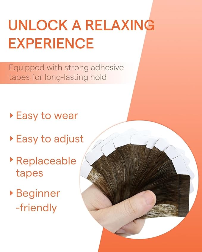 Sunny Hair Tape in Hair Extensions Real Human Hair Invisible Remy Hair Extensions Tape ins for Women Dark Brown Ombre Caramel Blonde Balayage 12 inch 20G