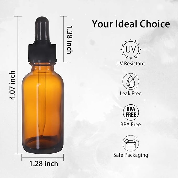 48 Pack 1oz Amber Glass Bottles with Glass Eye Droppers for Essential Oils, Perfumes & Lab Chemicals (Brush, Funnels, 2 Extra Droppers, 54 Pieces Labels & 30ml Measuring Cup Included)