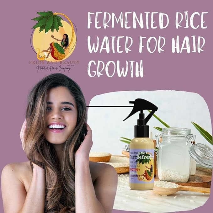 Rice Water For Hair Growth - Hair & Scalp Treatment, Rosemary Water Spray For Hair Growth, Infused with Biotin, Vegan Non-Greasy Spray Naturally Thicker hair. (Vanilla + Cedarwood, 4 OUNCES) (8 OUNCES, Lavender vanilla)