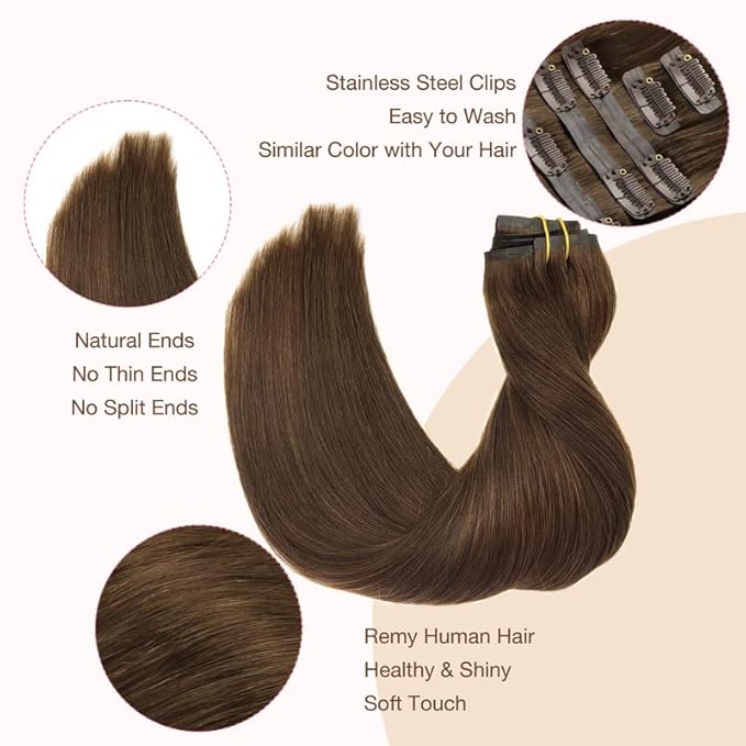 GOO GOO Clip in Hair Extensions Real Human Hair, Remy Human Hair Extensions Clip ins for Women, Natural Human Hair, 20inch 110g 7Pcs, 4A Chocolate Brown