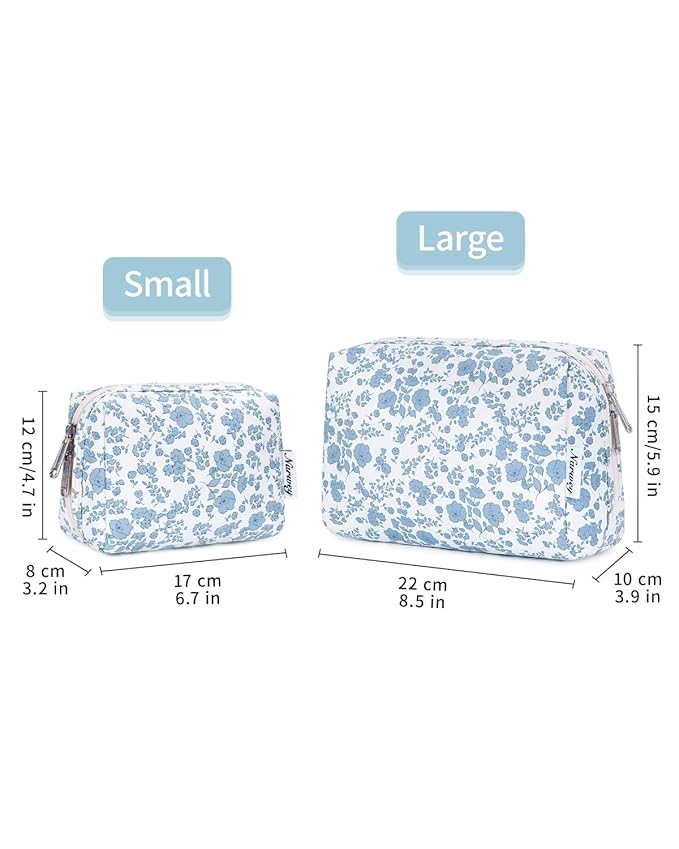 Narwey Cute Floral Makeup Bag Travel Cosmetic Bag Organizer Toiletry Bag Make Up Bags with Organized Pocket for Women Girls (Large, Little Blue Flower)