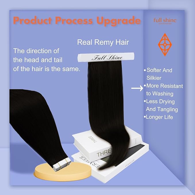 Full Shine Tape ins Human Hair Extensions 22Inch Black Remy Hair Extension Real Human Hair Seamless Skin Weft for Long Extension 20Pcs 50G Tape in Double Sided Tapes for Wedding Add Length