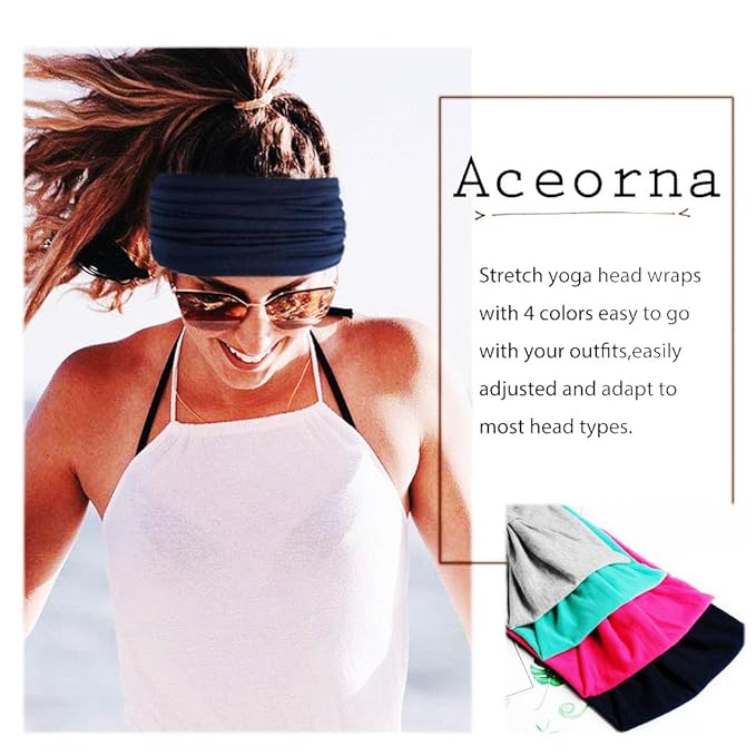 Wide Headbands Stretch Turban Knotted Hairbands Elastic Yoga Workout Sweatband Running Sport Head Scarf Large African Head Wraps for Women 4 Pcs (Set C)