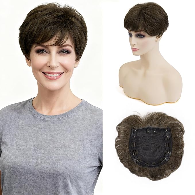 Short Hair Topper for Thinning Hair 4 Inch Short Pixie Cut Toppers Pieces Natural Curly Synthetic Wiglets Hairpieces (Dark Golden Brown, 4 inch)