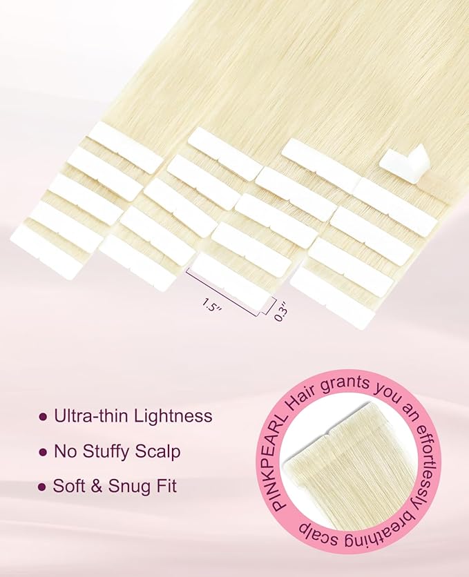 Pinkpearl Invisible Tape in Hair Extensions Human Hair, 20pcs 16inch 45g #60 Platinum Blonde Injection Tape in Extensions Real Remy Straight Seamless Silky Human Hair Injected