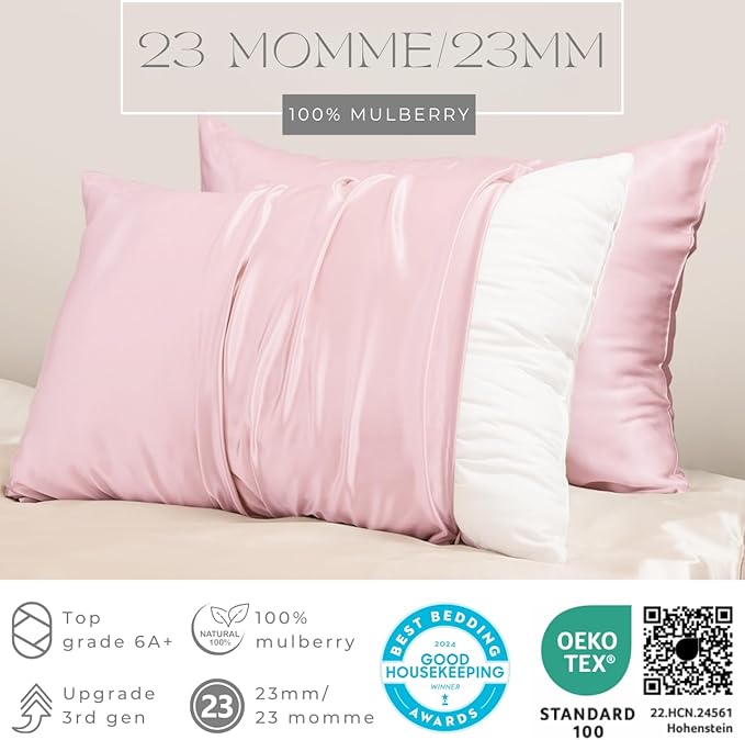 PROMEED 100% Silk Pillowcase Set of 2 with Hidden Zipper, 23 Momme 3rd Gen Grade 6A+ Mulberry Silk Pillow Case 2 Pack for Hair and Skin, Soft and Breathable (King 20"x36", Pink)