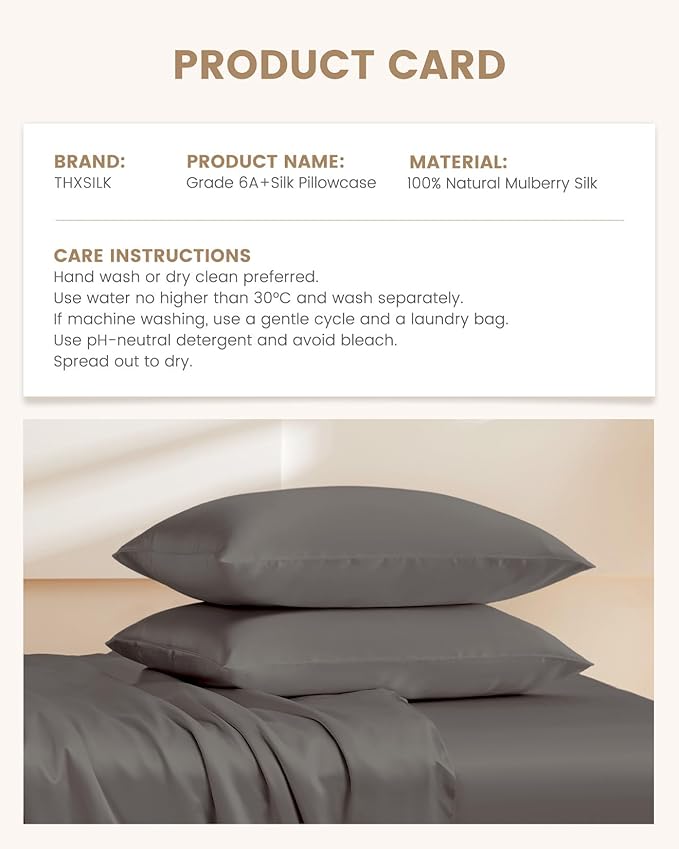 THXSILK 100% Mulberry Silk Pillowcase, 6A+ High-Grade Fibers Silk Pillowcase for Hair and Skin, King Size 20"x36" Silk Pillow Case with Hidden Zipper - Dark Grey