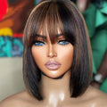 Bob Wig Human Hair with Bangs Glueless 2.5x1 HD Lace Colsure Wigs Human,Yaki Bob Wig with Brown Highlights, Ready to Go Short Wigs For Women Beginner Friendly 10 Inch