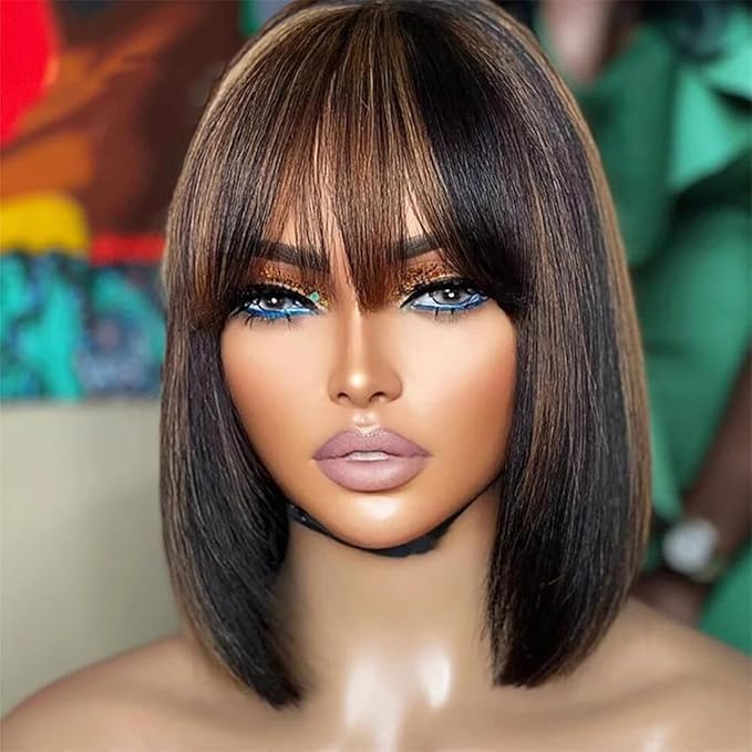 Bob Wig with Bangs Human Hair Glueless HD Lace Straight Short Bob Wig with Brown Highlights, Ready to Go Short Wigs For Women （12 Inch bob wig）