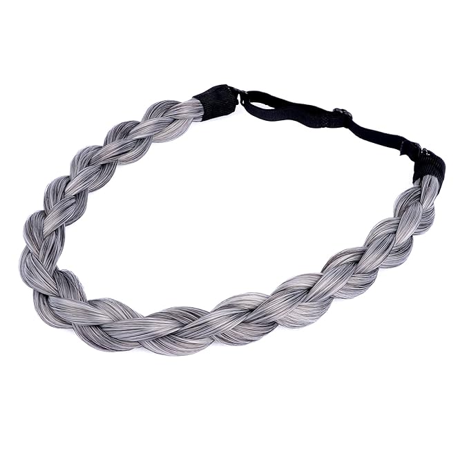 DIGUAN Chubby Narrow Synthetic Hair Braided Headband Classic Chunky Plaited Braids Elastic Stretch Hairpiece Women Girl Beauty accessory, 58g (Salt & Pepper)