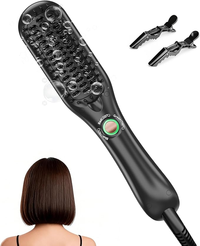 LANDOT Mini Hair Straightener Brush - Ionic Heated Straightening Brush for Frizz-Free & Smooth Styling, Compact Lightweight Dual Voltage Travel Flat Iron Comb for Medium Short Hair, Black