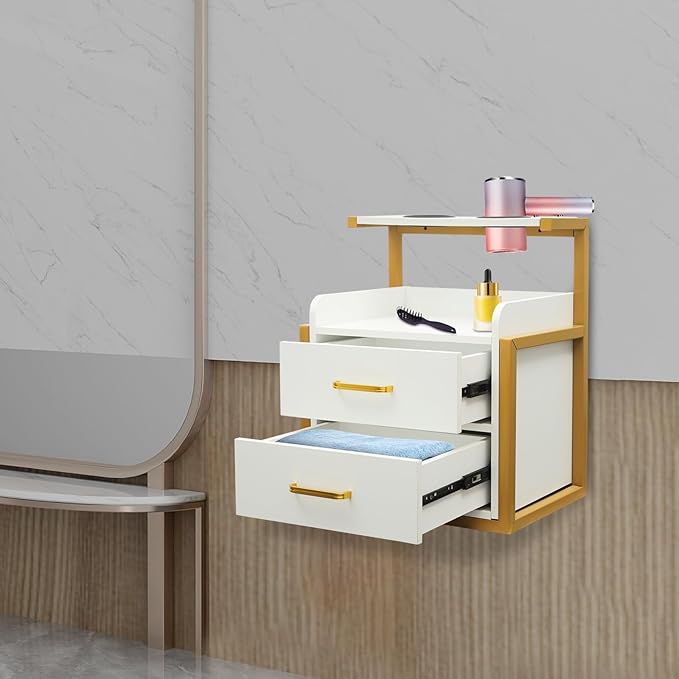 Suspended Salon Station for Hair Stylist, Wall Mounted Styling Salon Station Storage Cabinet w/2*Drawers &Hair Dryer Stand,Floating Nightstand Stylist Storage Cabinet for Home (Gold+White)