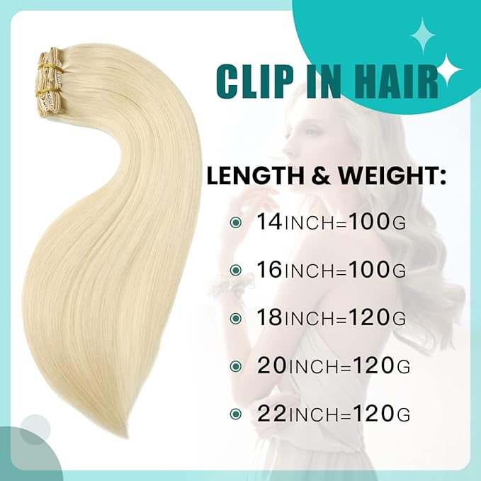 SURNEL Clip in Hair Extensions Platinum Blonde Straight Real Clip in Human Hair Extensions 18inch 6pcs 120g(#60,18'')