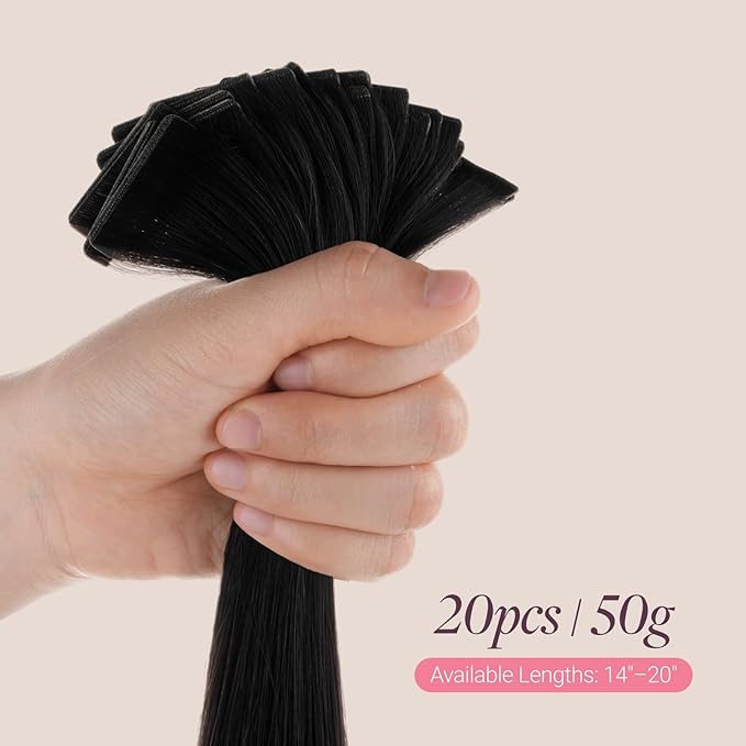 GOO GOO Genius Tape in Hair Extensions, Hand Tied Tape Weft, 1 Jet black, 16inch 50g 20pcs, Remy Human Hair, Seamless Invisible Tape, Natural Blend, Lightweight