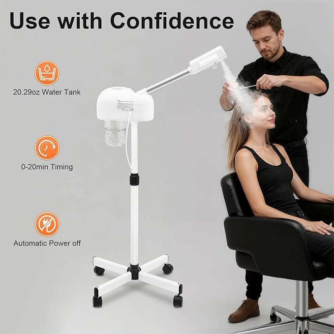 Professional Facial Steamer, 750W White Skin Care Equipment w/Wheels & LCD Panel, PTC Heating, 600ml Large Capacity Face Steamer Machine, Adjustable Height Hot Mist Steamer for Beauty Salon