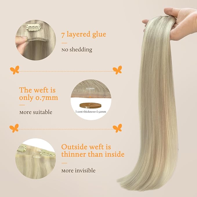 DOORES Human Hair Extensions, Ash Blonde Highlighted Platinum Blonde 110g 7pcs 22 Inch, Seamless Clip in Hair Extensions Straight Remy Clip ins with Invisi Edge